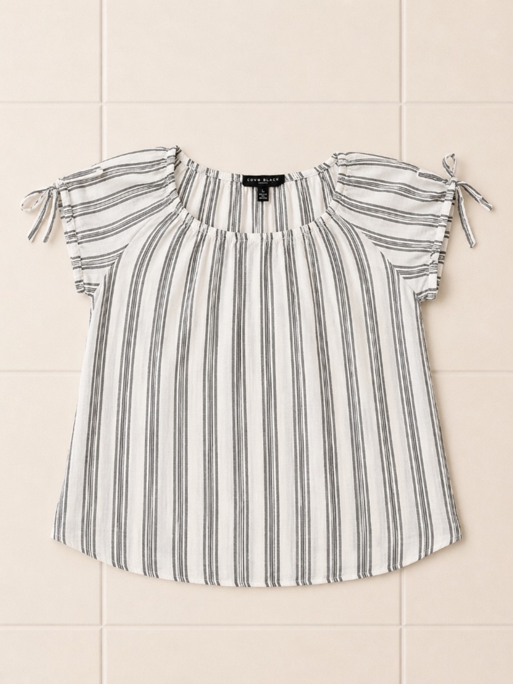 Como Black Woman 100% Linen Striped Tie Sleeve Blouse Plus Size 2X